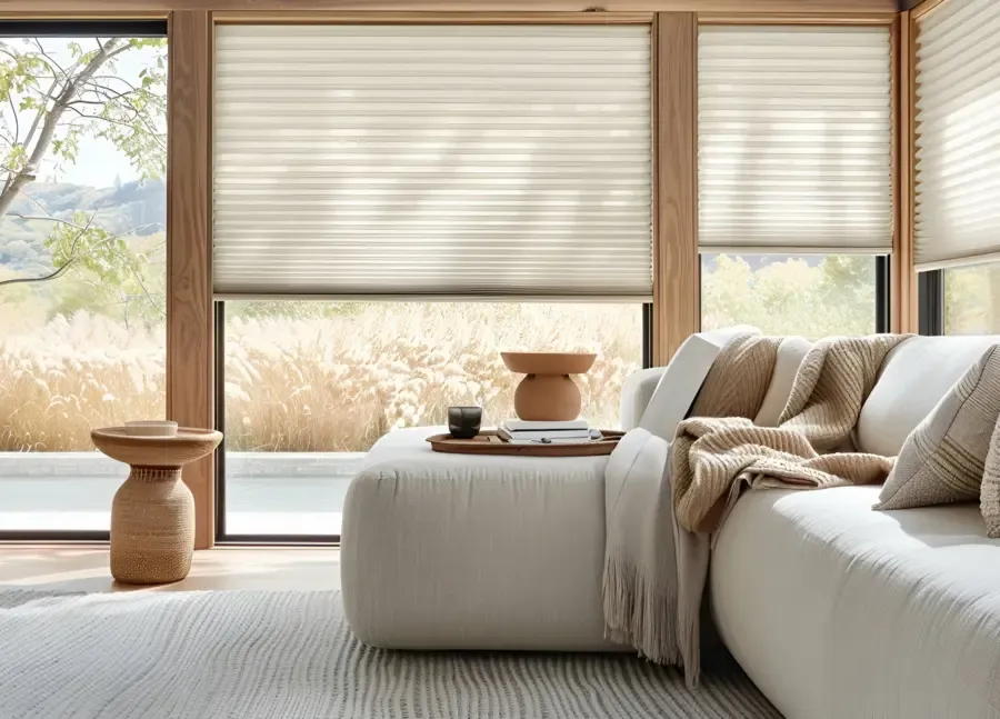Cellular shades on a window from Black Pearl Blinds who sells window coverings and blinds in Vancouver.