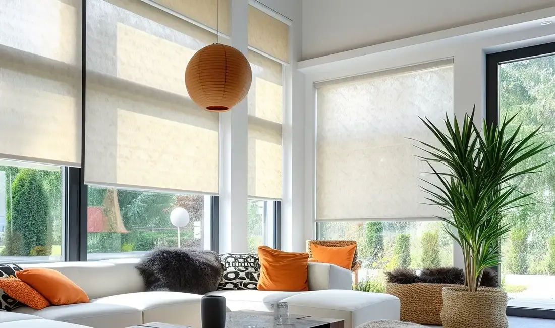 Roller shades on a window from Black Pearl Blinds who sells window coverings and blinds in Vancouver.